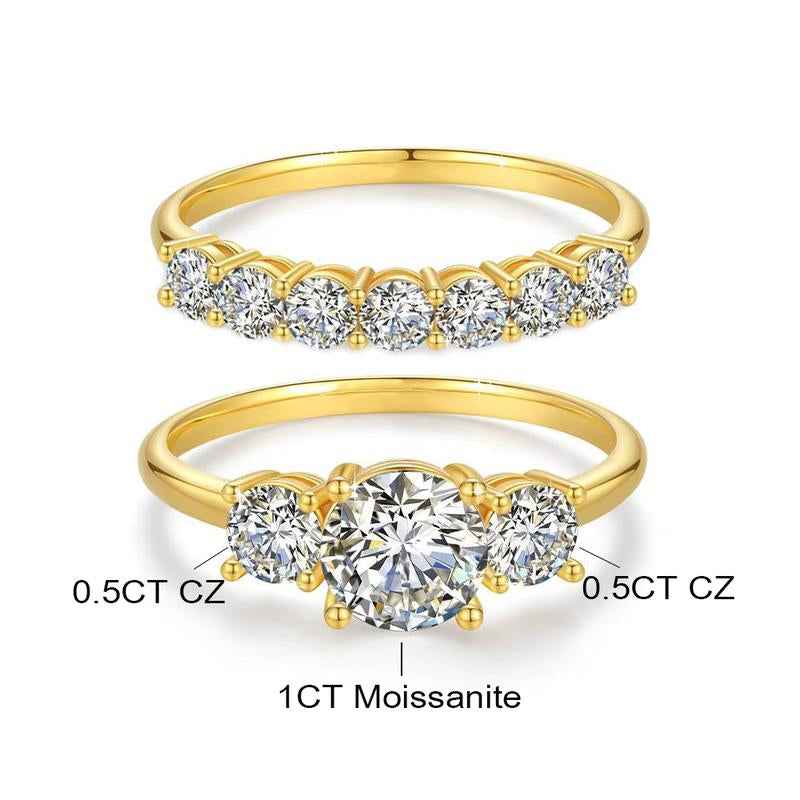 Lab-Created 10/10 Moissanite 2Colors Set Ring 2CT VVS Clarity 14K Gold Plated Stackable 3Stones Hypoallergenic Band for Women Wedding Engagement Birthday Gift Anniversary Prom Party Holiday Date Casual Bling Iced Jewelry