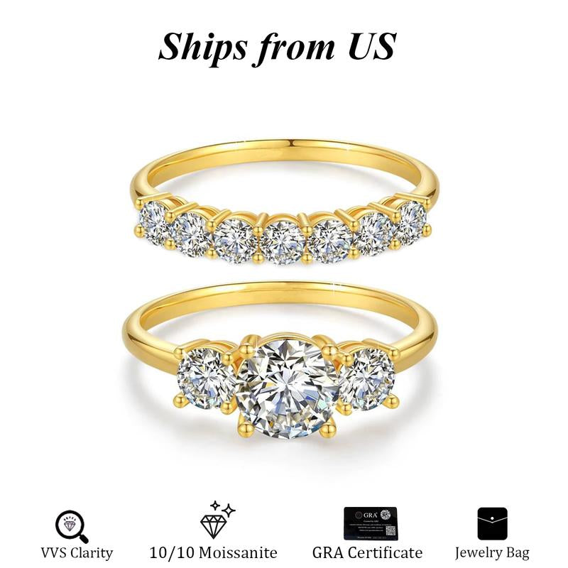 Lab-Created 10/10 Moissanite 2Colors Set Ring 2CT VVS Clarity 14K Gold Plated Stackable 3Stones Hypoallergenic Band for Women Wedding Engagement Birthday Gift Anniversary Prom Party Holiday Date Casual Bling Iced Jewelry