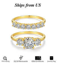 Lab-Created 10/10 Moissanite 2Colors Set Ring 2CT VVS Clarity 14K Gold Plated Stackable 3Stones Hypoallergenic Band for Women Wedding Engagement Birthday Gift Anniversary Prom Party Holiday Date Casual Bling Iced Jewelry