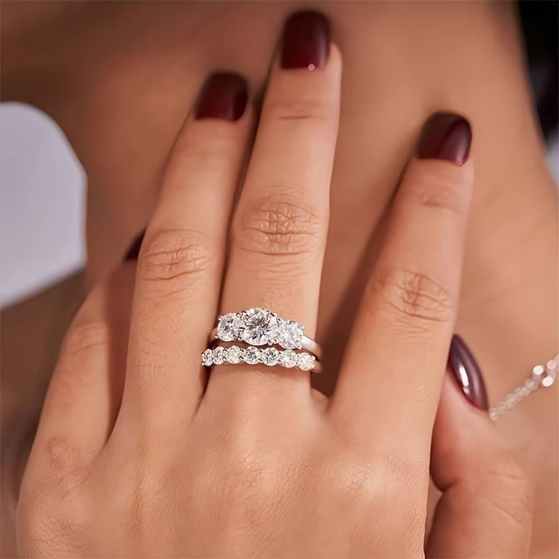 Lab-Created 10/10 Moissanite 2Colors Set Ring 2CT VVS Clarity 14K Gold Plated Stackable 3Stones Hypoallergenic Band for Women Wedding Engagement Birthday Gift Anniversary Prom Party Holiday Date Casual Bling Iced Jewelry