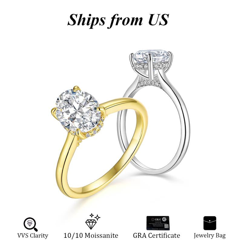2Ct-Oval 10/10 Moissanite Lab-Created Ring Halo High Setting VVS Clarity 14K Gold Plated Hypoallergenic Band for Women Wedding Engagement Birthday Gift Anniversary Prom Party Holiday Date Casual Bling Iced