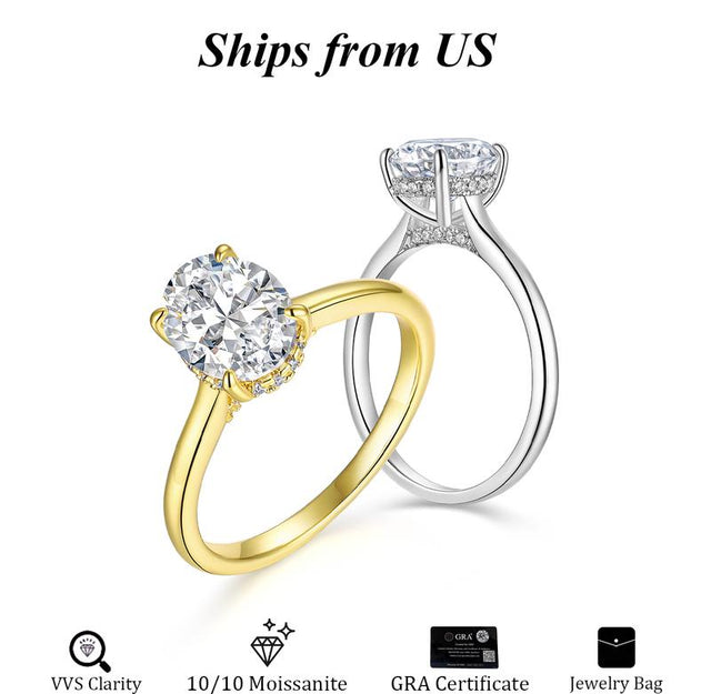 2Ct-Oval 10/10 Moissanite Lab-Created Ring Halo High Setting VVS Clarity 14K Gold Plated Hypoallergenic Band for Women Wedding Engagement Birthday Gift Anniversary Prom Party Holiday Date Casual Bling Iced
