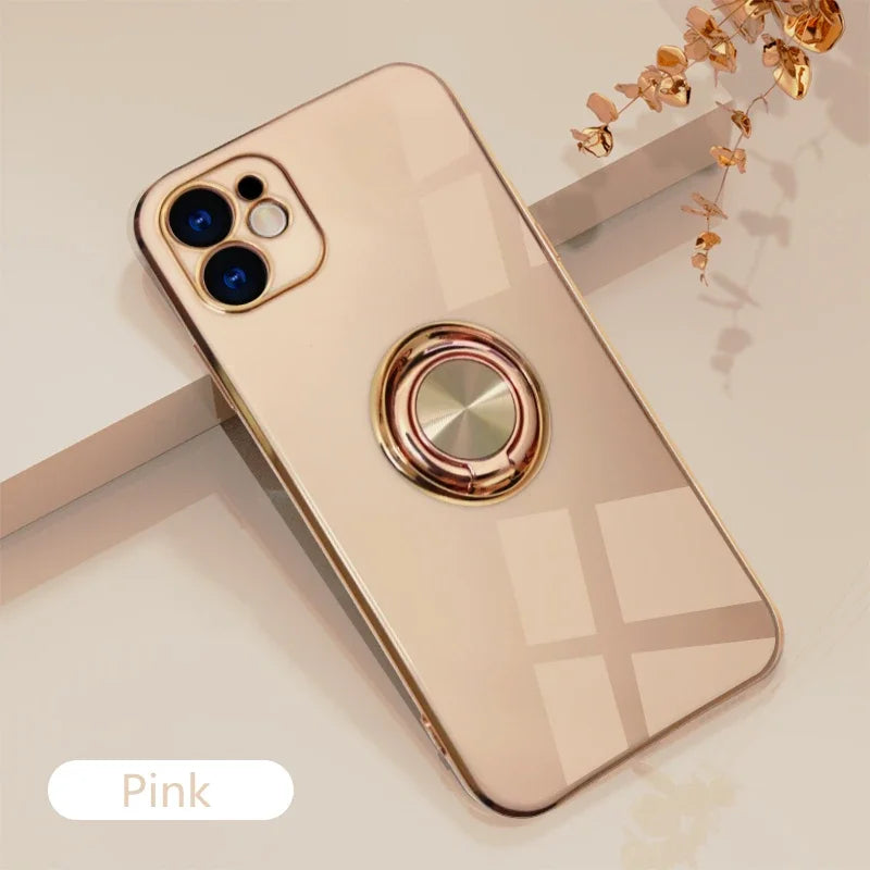 Luxury Silicone iPhone Case for Women – Shockproof with Metal Ring Holder