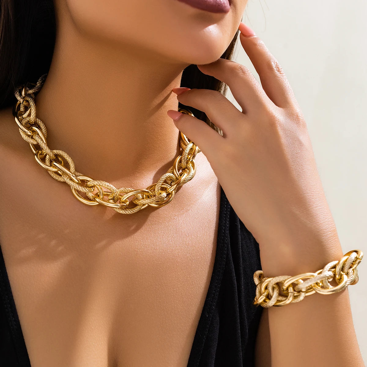 Chunky Cuban Chain Necklace & Bracelet Set for Women – Punk, Grunge Jewelry