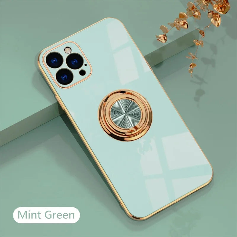 Luxury Silicone iPhone Case for Women – Shockproof with Metal Ring Holder