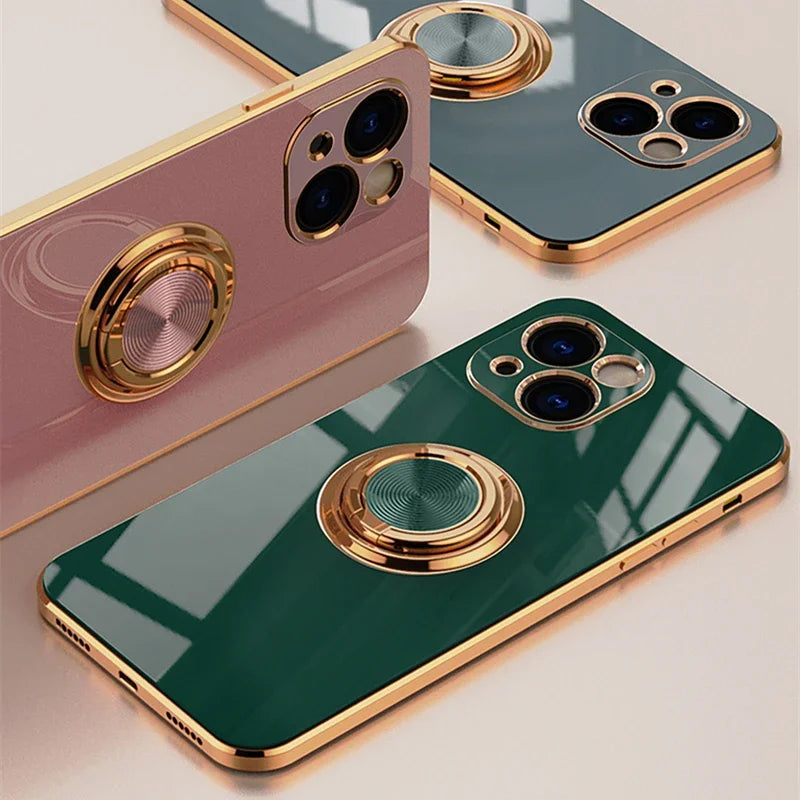 Luxury Silicone iPhone Case for Women – Shockproof with Metal Ring Holder