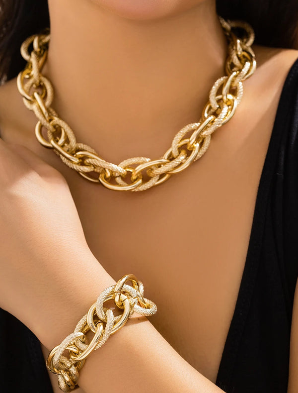 Chunky Cuban Chain Necklace & Bracelet Set for Women – Punk, Grunge Jewelry