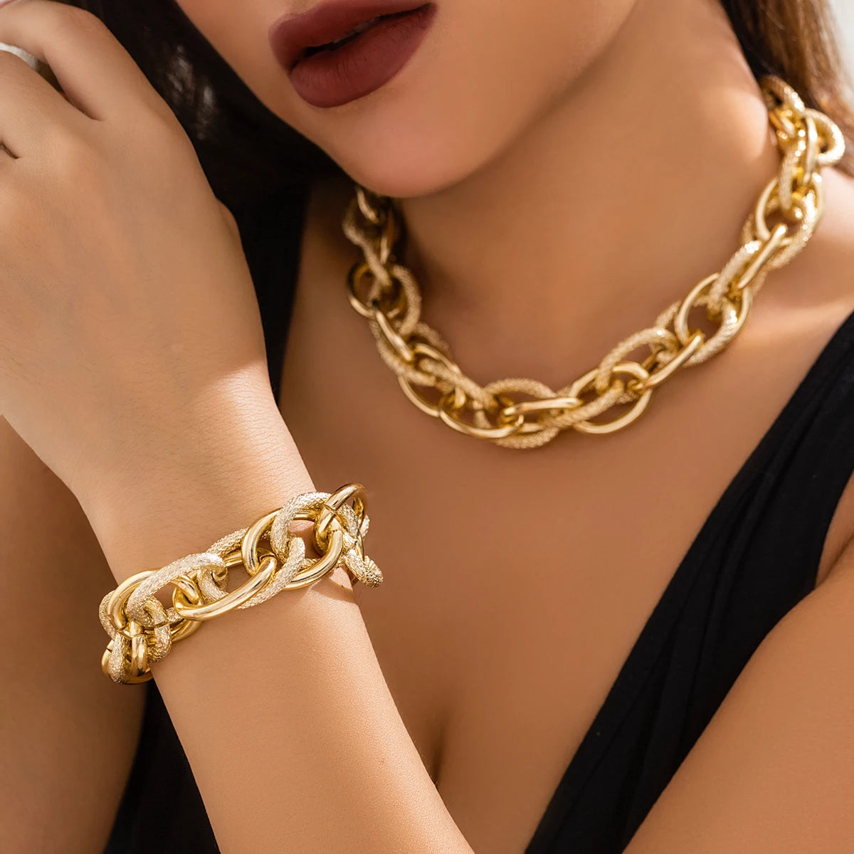 Chunky Cuban Chain Necklace & Bracelet Set for Women – Punk, Grunge Jewelry
