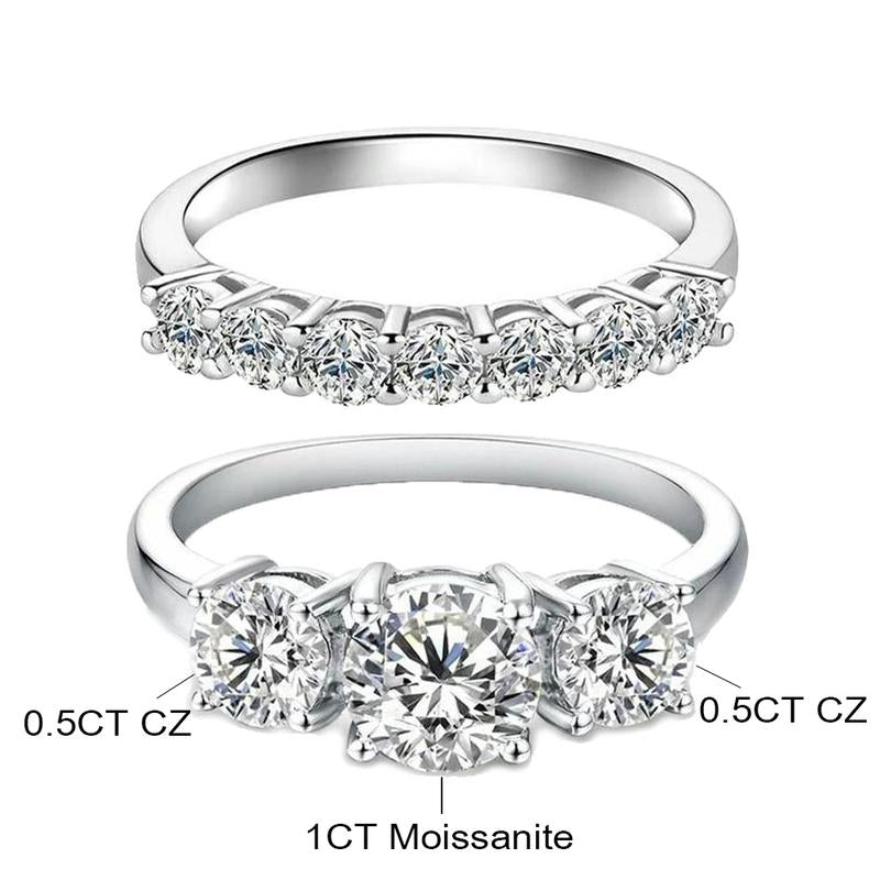 Lab-Created 10/10 Moissanite 2Colors Set Ring 2CT VVS Clarity 14K Gold Plated Stackable 3Stones Hypoallergenic Band for Women Wedding Engagement Birthday Gift Anniversary Prom Party Holiday Date Casual Bling Iced Jewelry